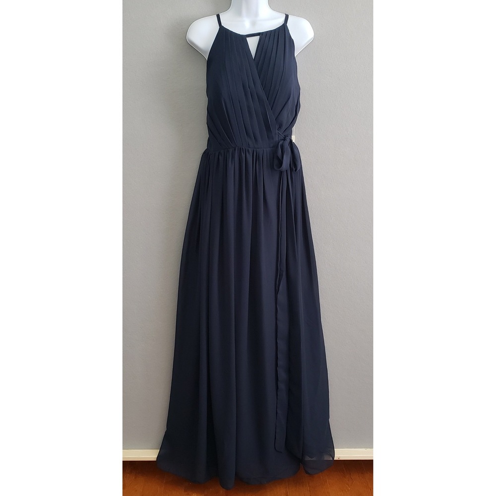 Gown Gallery Womens Dress SZ 4-6 Navy Blue Pleated Chiffon Maxi Formal Evening